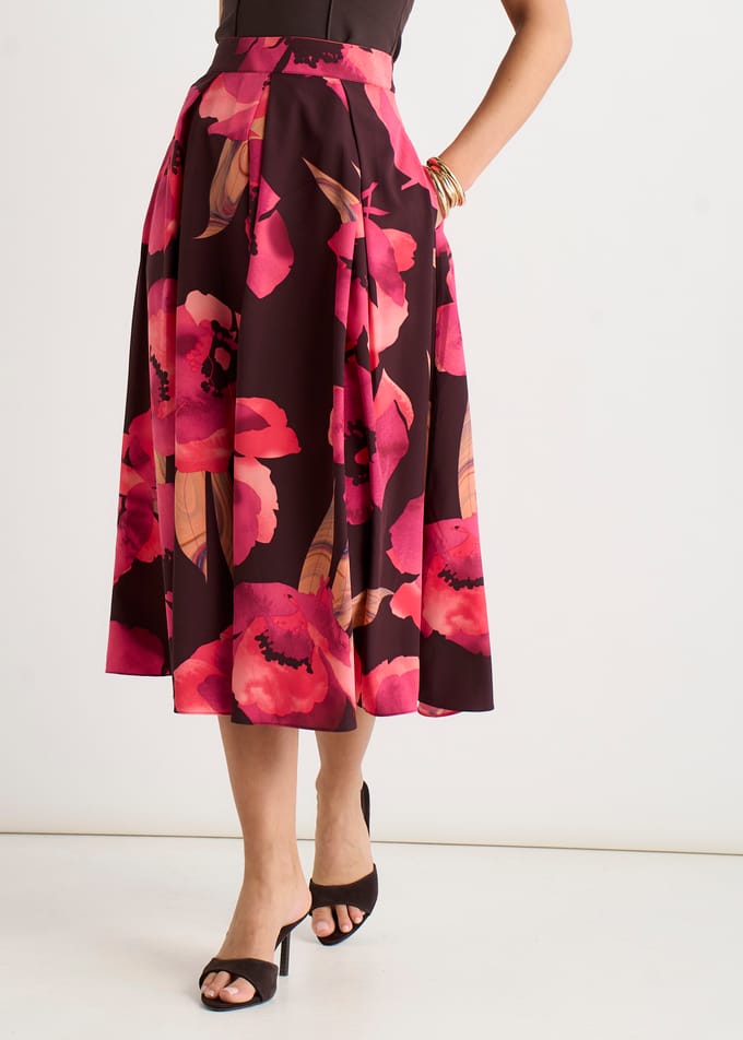 Bruine midi-rok met grote bloemenprint en plooien