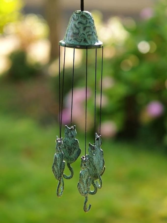 Beeld brons - Windgong met poezen - 30 cm hoog - Bronzartes