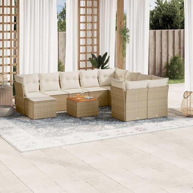 vidaXL - 11-delige - Tuinset - met - kussens - poly - rattan - beige