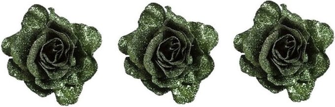 Groene roos met glitters - 3x - op clip - 10 cm - kerstboomversiering