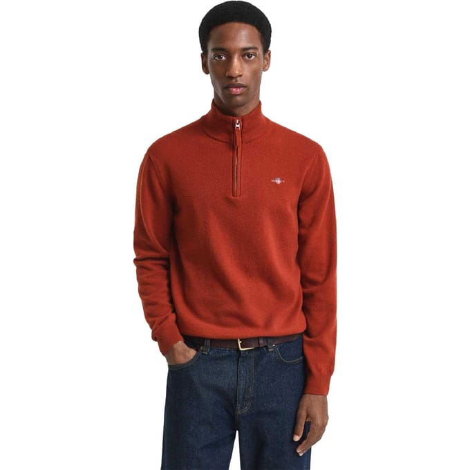Gant Heren lamswollen trui met halve rits (Bruin)