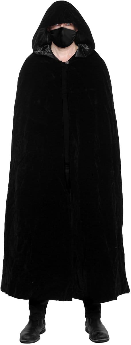 Zwarte stoffen masker met zwarte mantel, Halloween-set