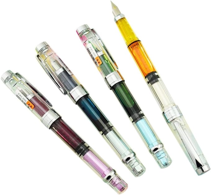 Fountain pen set met pistonmechanisme in 4 kleuren - Zilver accent en EF punt