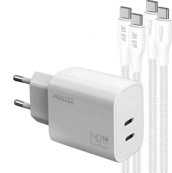 Phreeze usb C adapter 40 W - Twee usb C poorten - Power Delivery snellader met 2 usb C naar usb C kabels 1 meter