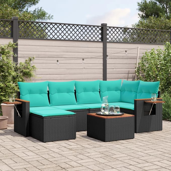 vidaXL - 7-delige - Loungeset - met - kussens - poly - rattan - zwart