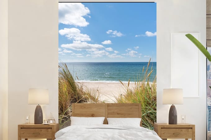 Behang - Fotobehang Duin - Gras - Zee - Strand - Breedte 180 cm x hoogte 280 cm