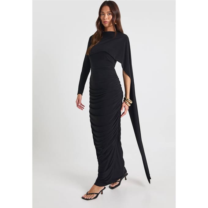 boohoo Dames Slinky maxi-jurk met lange mouwen en drapeeffect | Black | Maat: 10