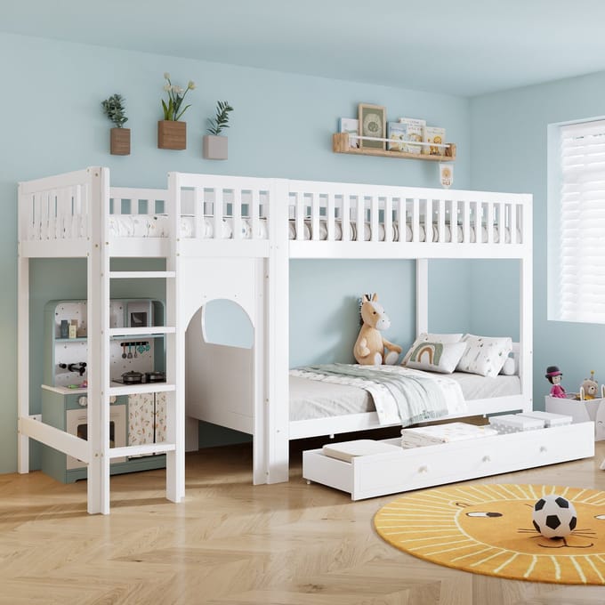 Sweiko Stapelbed - 90 x 200 cm - Met lades - Grenenhout + MDF - Kinderbed - Wit (zonder speelgoed)