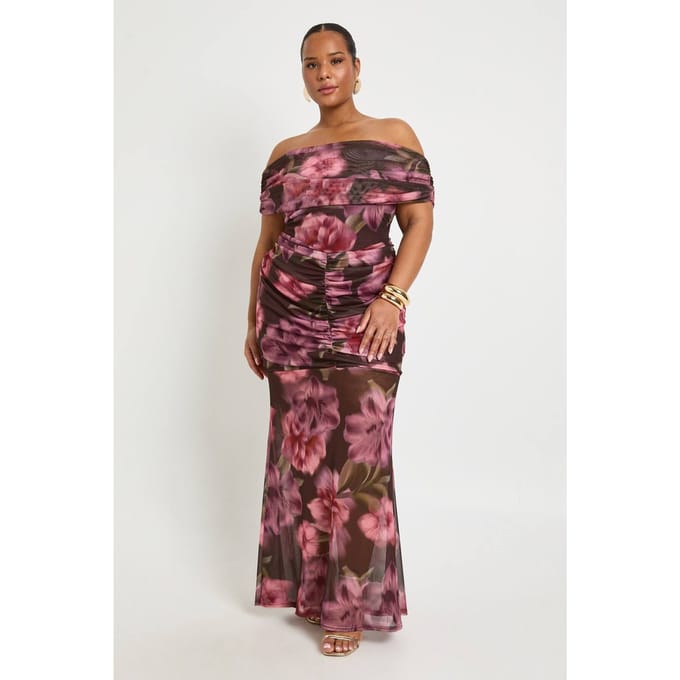 boohoo Dames Plus Bardot Gerimpeld Lijfje Midaxi Jurk | Maat: 52