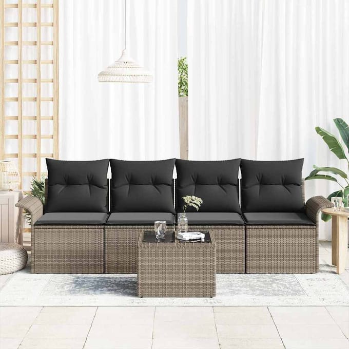 vidaXL Tuinbank Set met kussen met opslag 5 pcs Grijs poly rattan