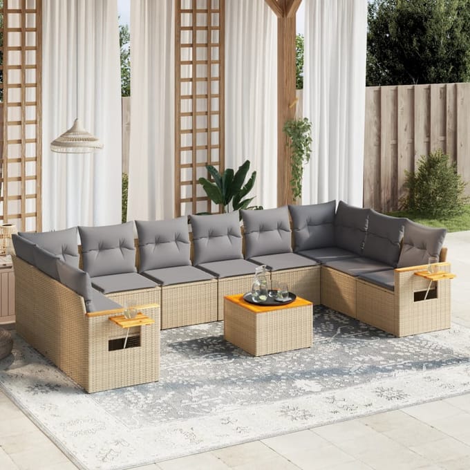 vidaXL - 11-delige - Tuinset - met - kussens - poly - rattan - beige