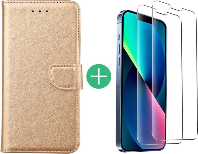 Hoesje Geschikt voor iPhone 13 Mini bookcase met 2 Pack Screenprotector gehard glas – Goud