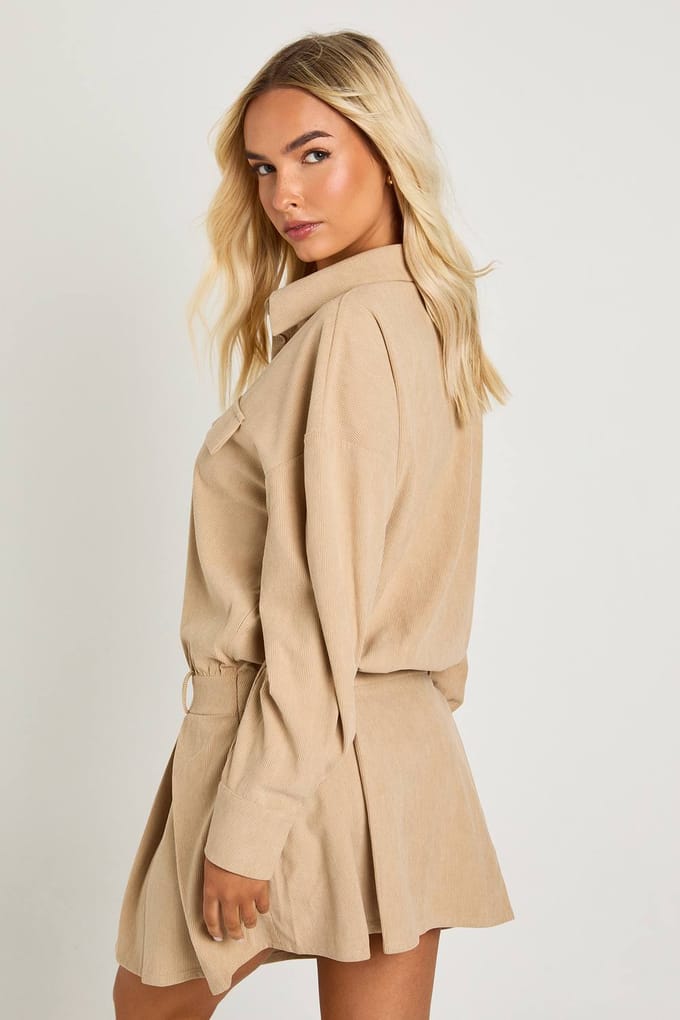 boohoo Dames Cord Blouson Shirt Mini-jurk | Stone | Maat: 8