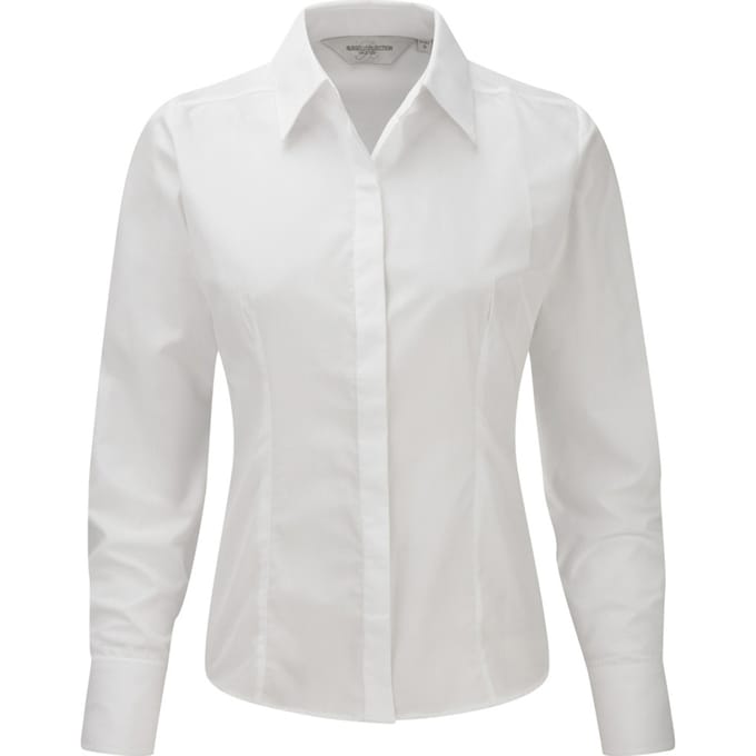 Russell Collectie Dames/Dames Lange Mouwen Poly-Katoen Gemakkelijk Onderhoud Gepaste Poplin Shirt (Wit)