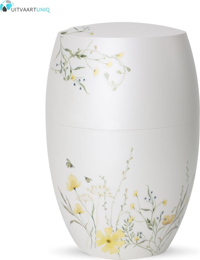 Urn glanzend wit bloemenweide geel - bio