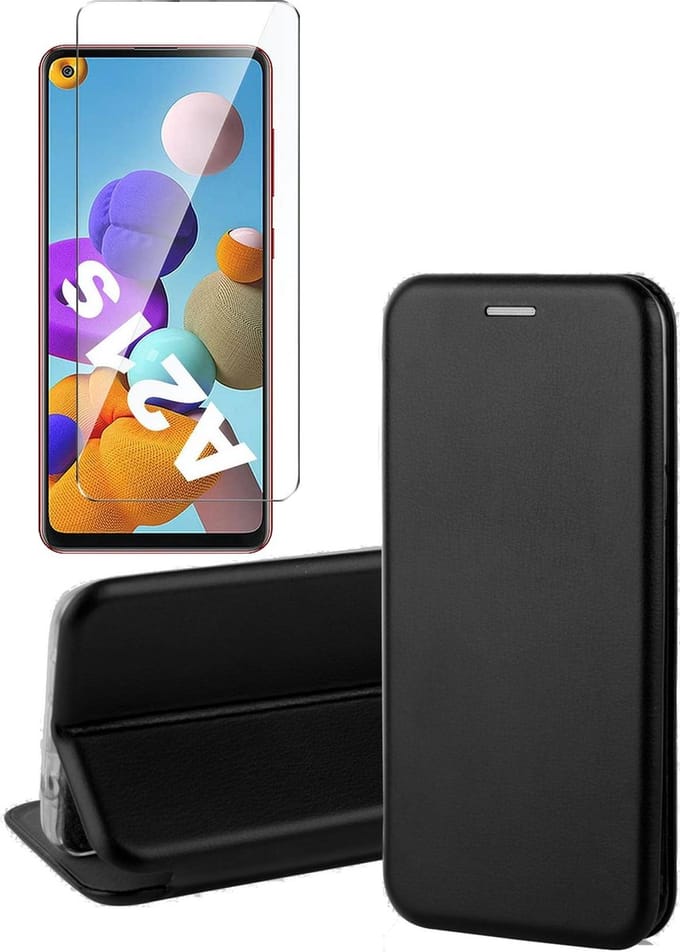 Hoesje geschikt voor Samsung Galaxy A21s - Screen Protector GlassGuard - Book Case Kunstleer ThinShield Zwart & Screenprotector