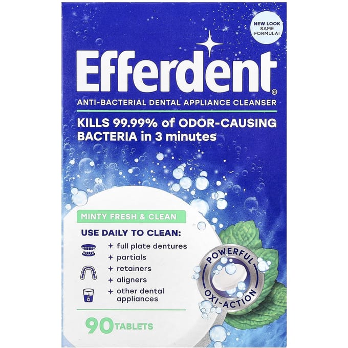Efferdent, Antibacterial Dental Appliance Cleanser, Minty Fresh & Clean, 90 Tablets blue