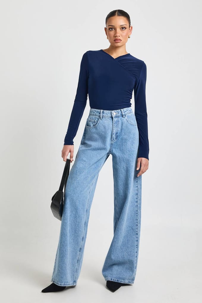 boohoo Dames Wikkel Voorkant Matte Slinky Lange Mouw Bodysuit | Navy | Maat: 8