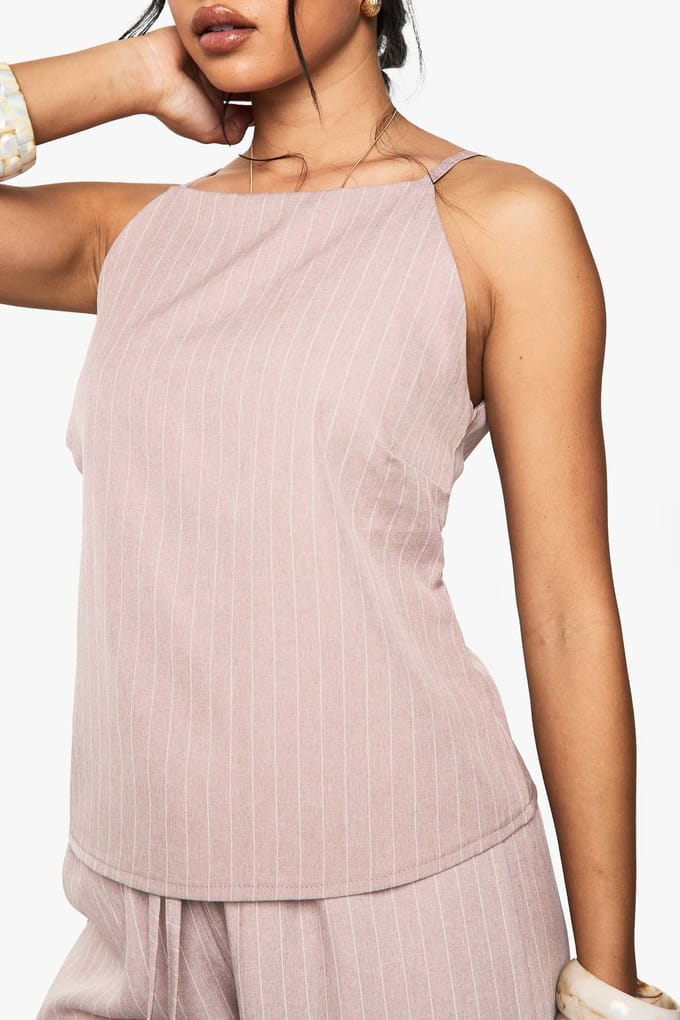 boohoo Dames Geweven Pinstripe High Neck Cami | Pink | Maat: 6