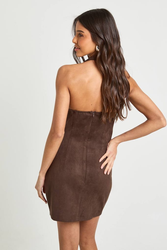 boohoo Dames Faux Suede Mini Jurk met Knoop Detail | Chocolate | Maat: 14