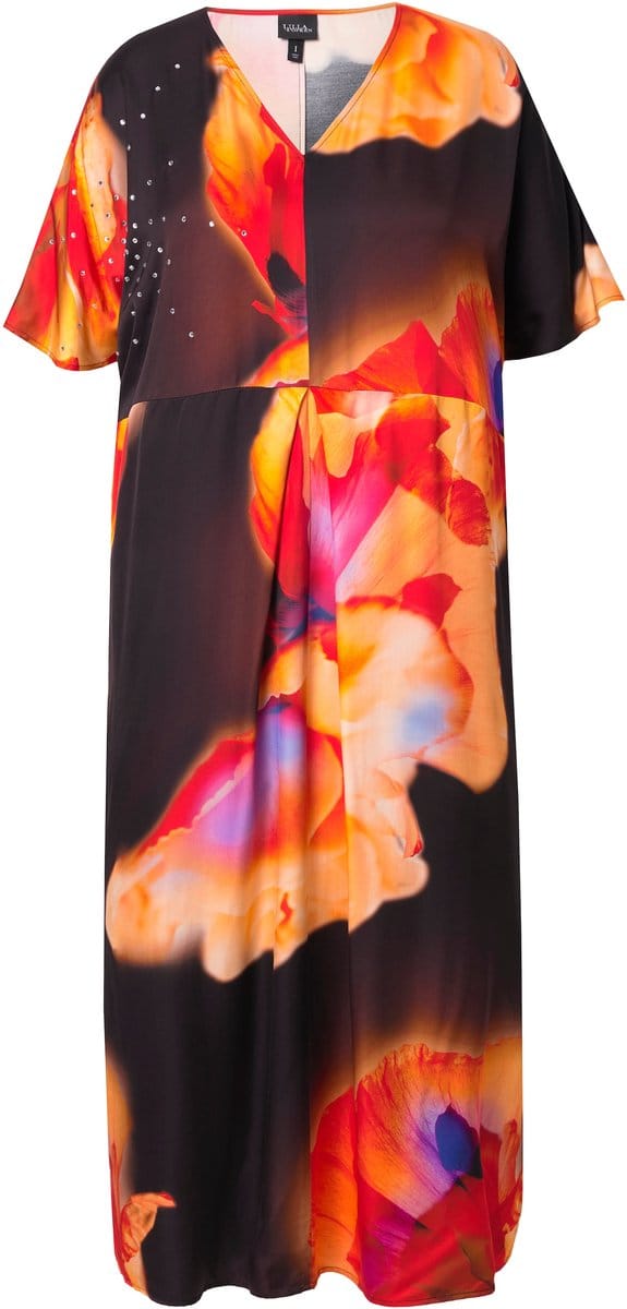 Ulla Popken - Dames - Satijnen kaftan bloemen siersteentjes V-hals - Zwart - Maat 2+