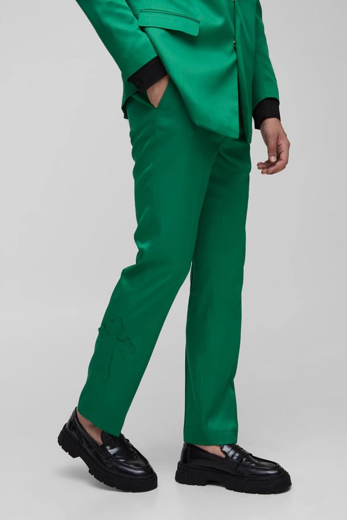 Straight Fit Cross Applique Suit Trouser | Green | Size Small