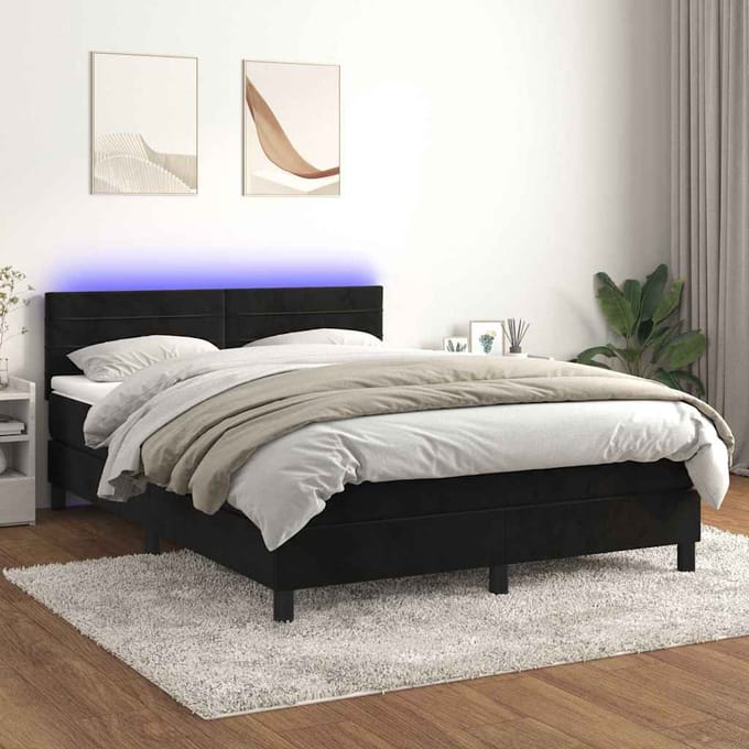 vidaXL - Boxspring - met - matras - en - LED - fluweel - zwart - 140x190 - cm