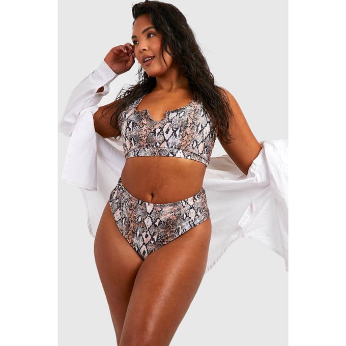 boohoo Dames Plus Essentials Snake Print High Waist Bikini Slip | Bruin | Maat: 56