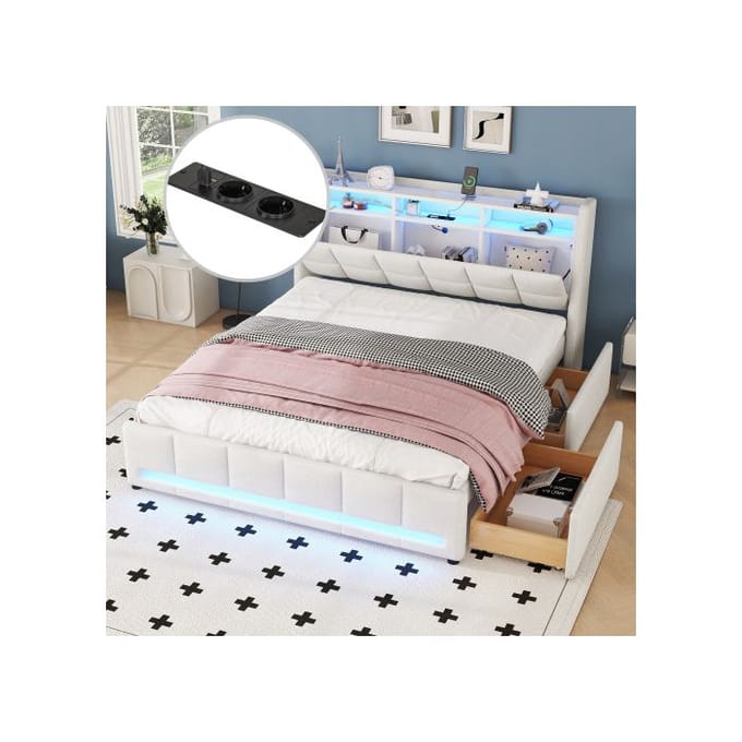 Lit - MUVOE - 140 x 200 cm - Rembourré en lin beige - Éclairage LED - Prise USB intégrée beige