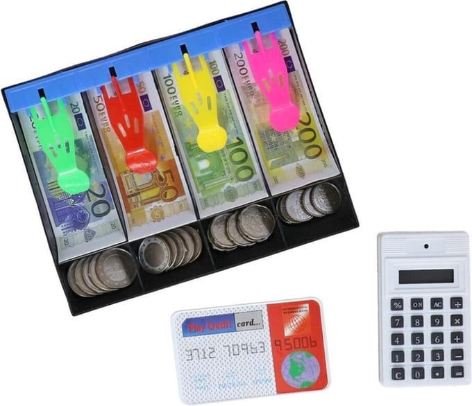 Gerimport Speelgeld Set - kassa lade met rekenmachine en bankpasje - winkeltje spelen