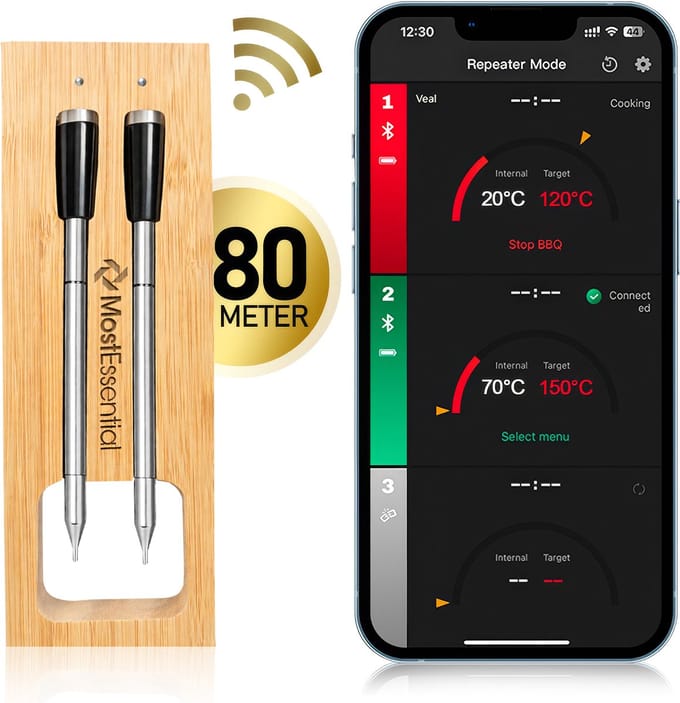 MostEssential Smart Vleesthermometer - Draadloos - 80M Bereik - 36 Uur Werktijd - Bluetooth 5.2 - 2000mAh Batterij - Double Probe Edition