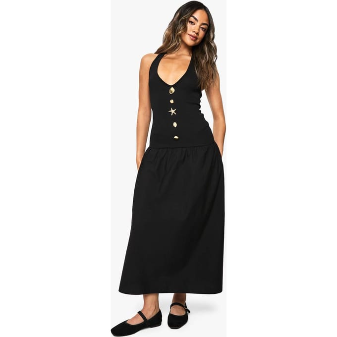 boohoo Dames Zeester Gouden Rand Rib Poplin Mix Midaxi Jurk | Zwart | Maat: 36