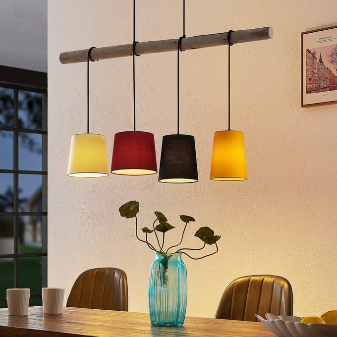Lindby - hanglamp - 4lichts - Metaal, eucalyptushout, textiel - H: 22 cm - E27 - Licht hout, zwart, geel, rood