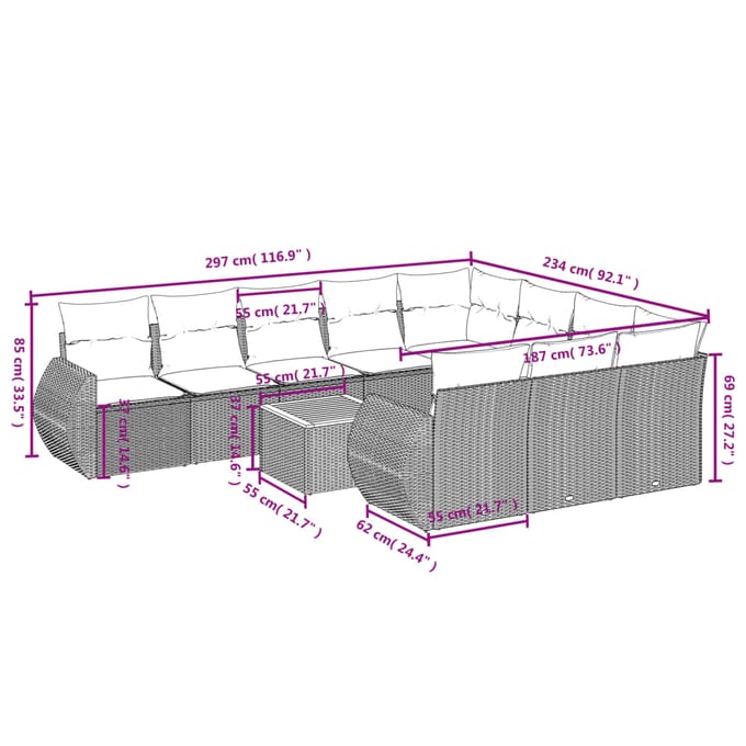 vidaXL - 11-delige - Tuinset - met - kussens - poly - rattan - beige