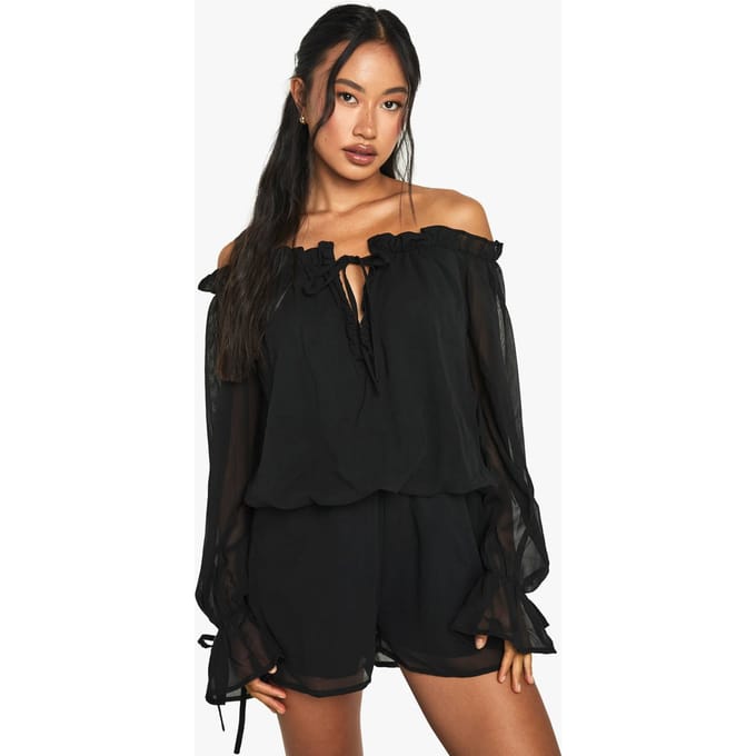 boohoo Dames Chiffon Bardot Playsuit met Verlaagde Taille | Zwart | Maat: 40