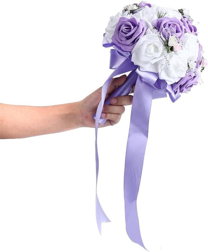 Kunstboeket - Bruidsboeket - Bruiloft Decoratie - Met Parels - 26 cm - Paars
