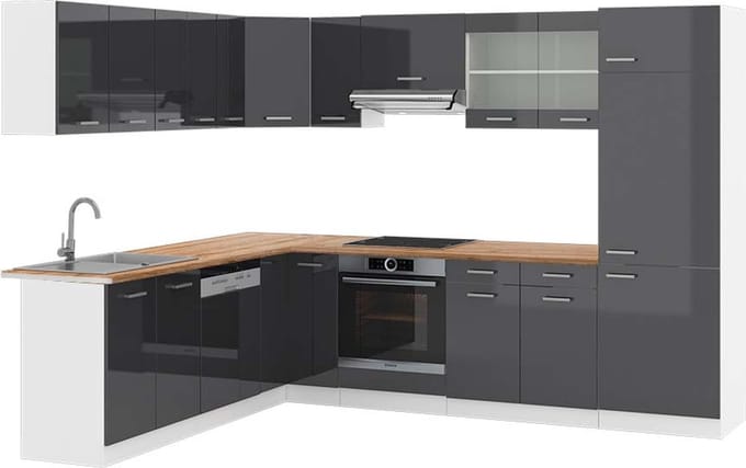 Vicco Hoekkeuken R-Line, Antraciet Hoogglans/Wit, 287 x 227 cm, WB Eik