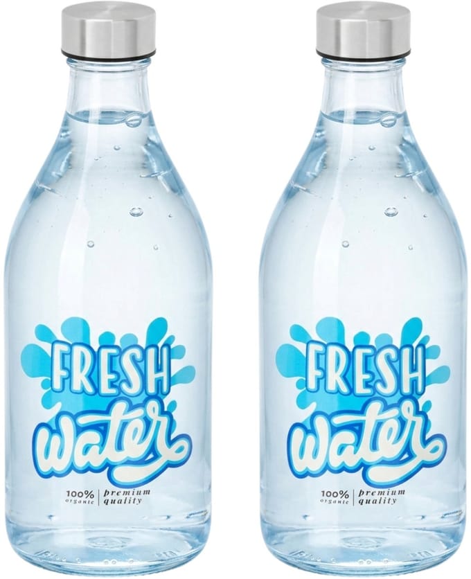 Vivalto Waterfles / drinkfles Fresh - 2x - glas - transparant - met RVS dop - 1000 ml