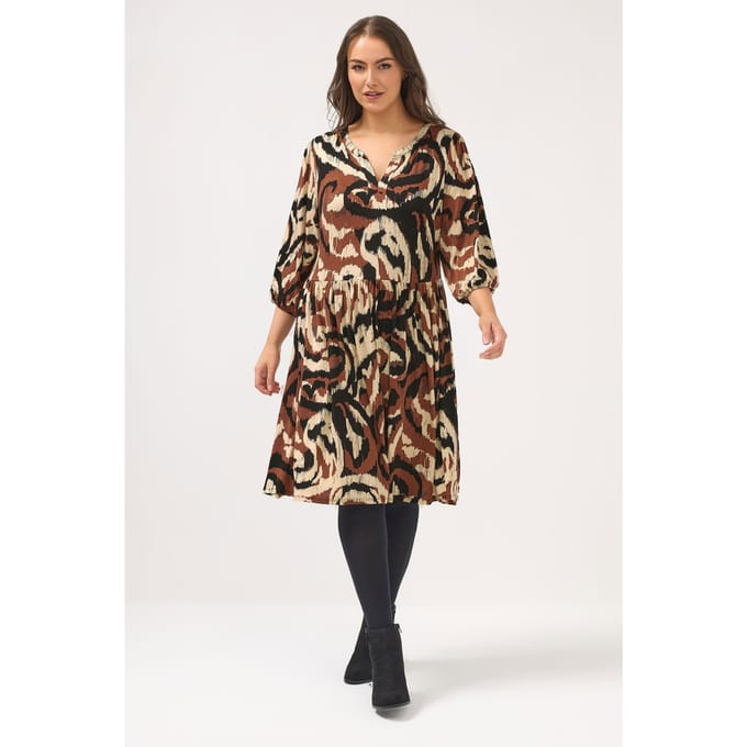 Yours Bruine Abstracte Jurk Met Inkeping In De Hals Size 50-52