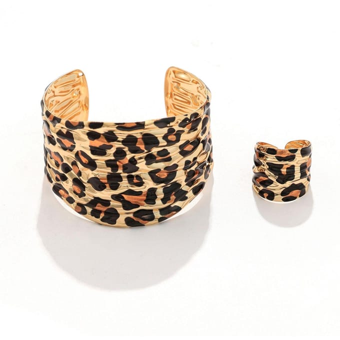 2 stuks/set Gepersonaliseerde Luipaard Onregelmatige Armband Ring Set beige