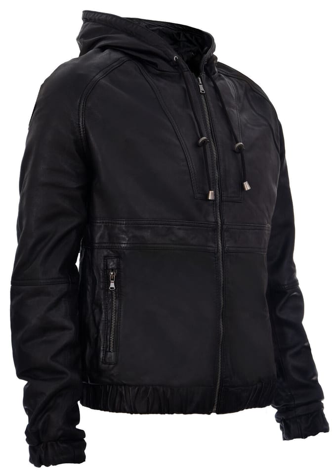 Leren bomber-bikerjack met rits en capuchon