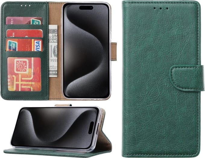 Hoesje geschikt voor iPhone 15 Pro - Bookcase - Pasjeshouder - Kunstleer - Groen