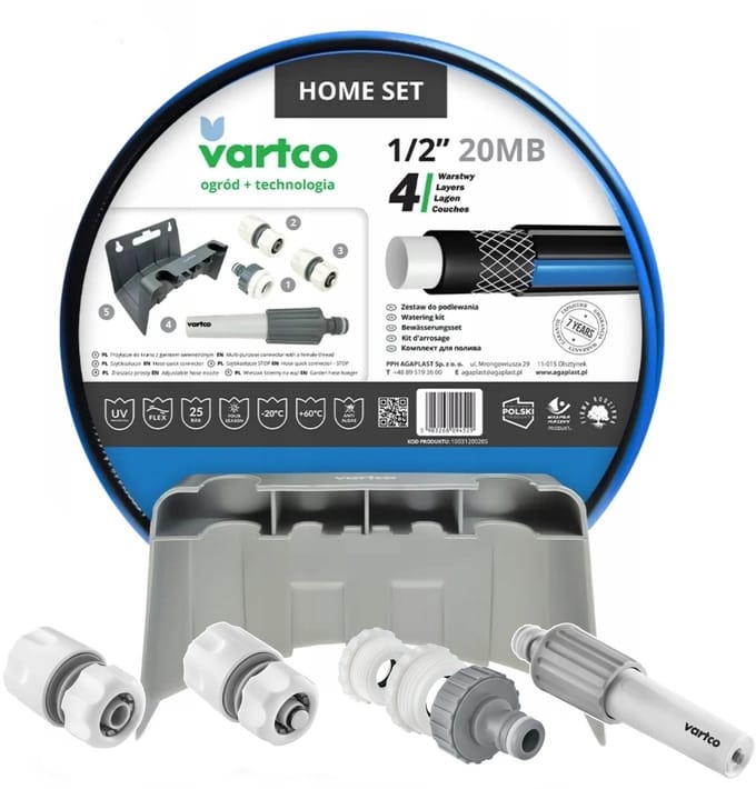 Vartco - Tuinslang 1/2'' 20m - stop en go snelkoppeling, kraanaansluiting, sproeier, muurbeugel, Home Set