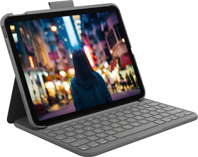 Logitech Slim Folio - Toetsenbord and folio case - QWERTZ - German - oxford Grijs - Keyboard and folio case - Duits - Grijs