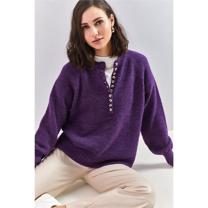 Knopenkraag Relaxed Fit Gebreide Trui
