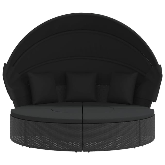 vidaXL - Loungebed - met - luifel - en - kussens - poly - rattan - zwart