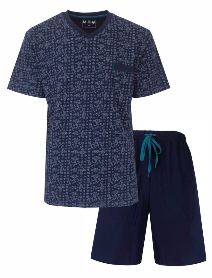 MEQ Heren Shortama - Pyjama Set - Geometrisch Patroon - Blauw - Maat XL