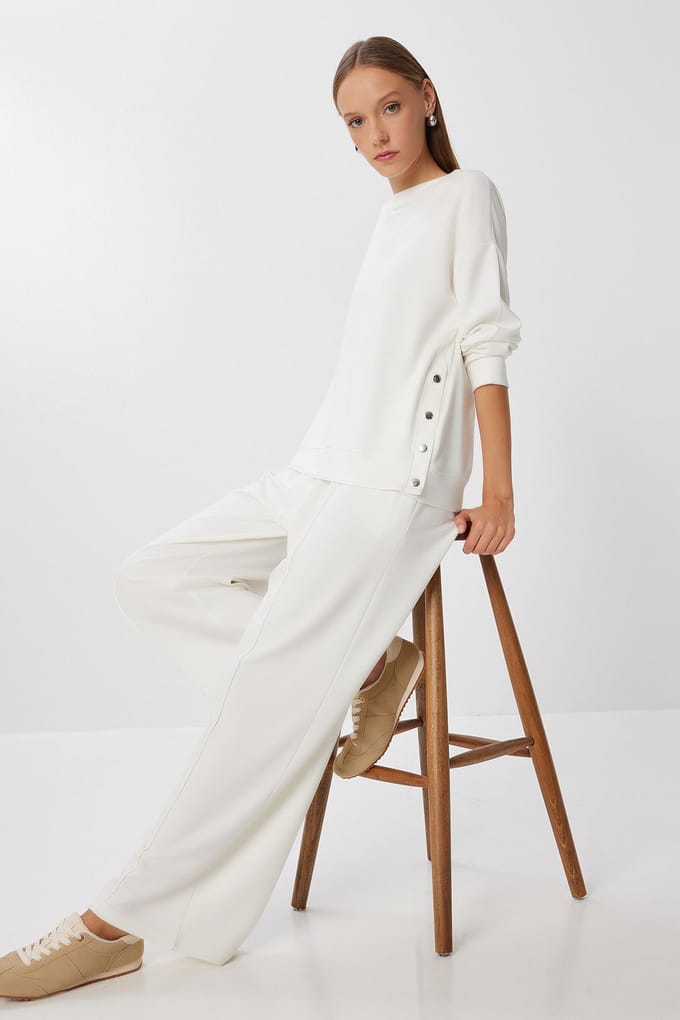 Lange Wijde Pantalon Twee-Delige Set met Ronde Hals