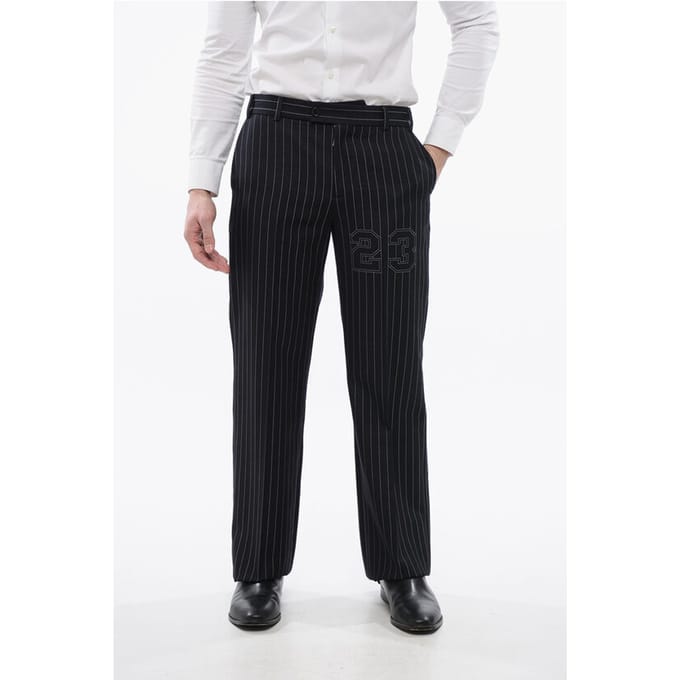 Gestreepte wolmix 23 Slim Fit broek in blauw