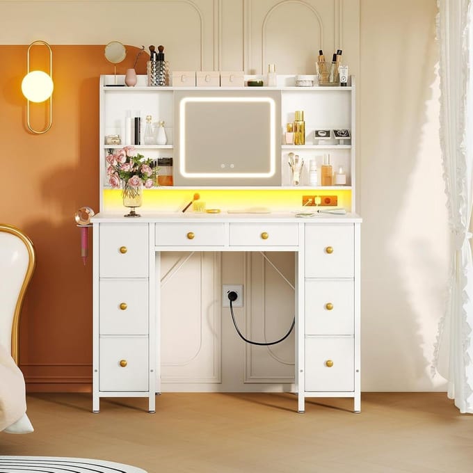 Make-uptafel met spiegel - Kaptafel met lades - Sieraden organiseren - Geïntegreerde USB en LED - 110 cm breed - Wit